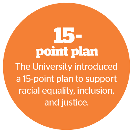  15- point plan The University introduced a 15-point plan to support racial equality, inclusion, and justice.